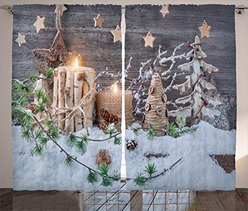 ABAKUHAUS Weihnachten Rustikaler Gardine, Kerzen mit Laternen, Schlafzimmer Kräuselband Vorhang mit Schlaufen und Haken, 280 x 225 cm, Weiß Braun