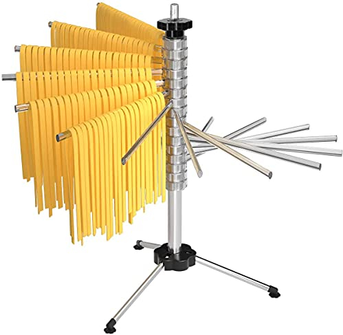 Tebery Secador de fideos para hasta 2,5 kg de pasta, 16 peldaños extensibles, barra de transporte integrada, plegable, secador de espaguetis