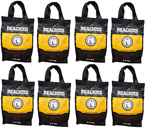 BlackSellig Beachies 20 kg (8 x 2,5 kg) Kokos Grill Briketts – Reine Kokosnussschalen – Profiqualität für Events & Gastronomie – heiß, raucharm & nachhaltig