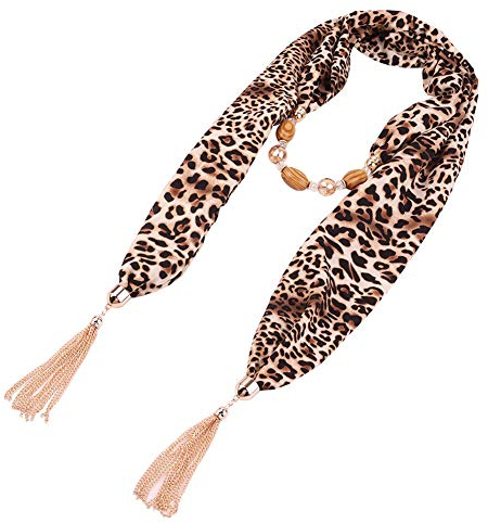 Asudaro Pañuelo para mujer con collar, joya con estampado de leopardo, protección solar, gasa, pañuelo, joya, colgante para la cabeza, hijab, longitud de 192 cm Diseño 4 Talla única
