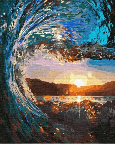 Artnapi Malen nach Zahlen Erwachsene mit Rahmen | DIY Handgemalt | Sonnenuntergang in einer Welle | Kit für Anfänger und Erwachsene | Set inklusive Acrylfarben & Pinsel | 40x50cm Leinwand | Geschenke