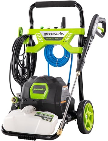 Greenworks 2000 PSI (1.2 GPM) Electric Pressure Washer, Steel Wand, On-Board Soap Tank (25°, 40°, Soap, and Turbo Nozzle)
