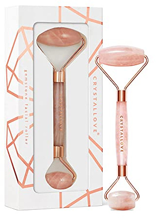 CRYSTALLOVE Gesichtsroller - Anti-Aging Massageroller - Gesichtsmassagegerät mit Rosenquarz - Massagegerät - Gesichtsmassage - Roller - Massagewerkzeug