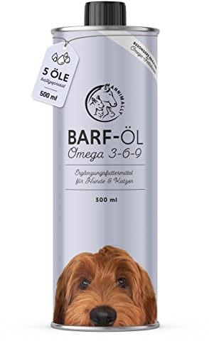 Barf Öl für Hunde 500ml Barföl mit Omega 3-6-9 aus: Lachsöl, Rapsöl, Hanfsamenöl & Borretschöl - Futteröl für Hund als Futter Topping (Barf Zusatz)