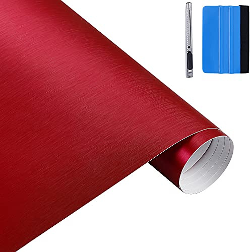 NewL Matt-Gebürst.-Edelstahl Chrom-Metallic Autofolie Rot 30x150 cm | Satin-Gebürst.-Optik, Montagewerkz. inkl., Luftablass-Technik, dehnbar, neu positionierb. Kleber, für Motor Laptop Möbel