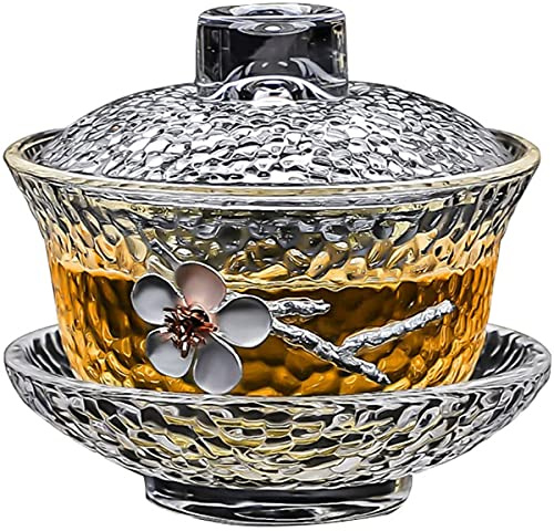 YBK Tech Crystal Gaiwan, taza de té de cristal Kung Fu con platillo y tapa, tradicional chino Sancai Tea Bowl (taza transparente con flor de ciruela)