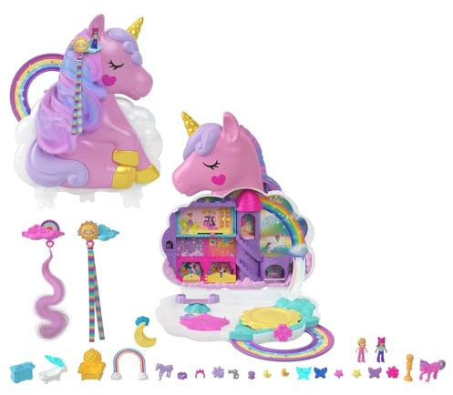 Polly Pocket HMX18 - Mini-Spielzeug, Regenbogen-Einhorn-Salon-Styling-Kopf und Schatullen-Spielset mit 2 kleinen Puppen, 25 Zubehörteilen und beweglichen Spielelementen, Puppen Spielzeug ab 4 Jahren