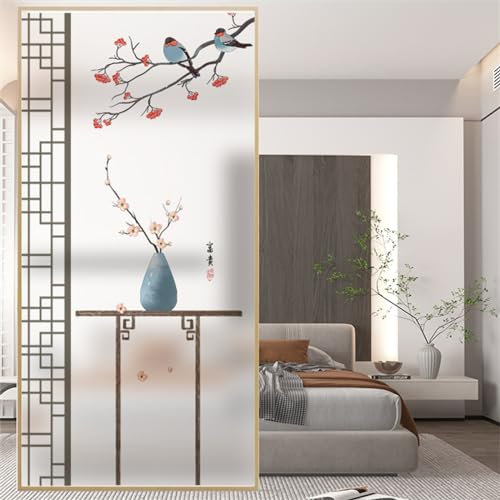 3D Fensterfolie Selbstklebend Sichtschutzfolie Statisch Dekofolie Blickdicht Milchglasfolie Haftend ohne Klebstoff Anti UV Sonnenschutz für Küche Wohnzimme- Blumen und Vögel(90cmx200cm)