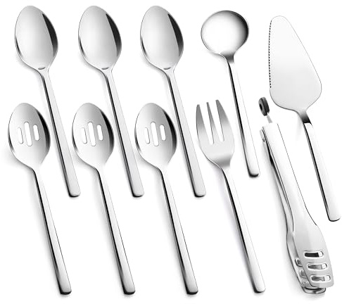 KINGSTONE 10 piece Large Hostess Serving Utensils Set,18/10 Stainless Steel | Heavy Duty Serving Set, 10 inch Serving Spoons, Slotted Spoons, Forks, Tongs, Cake Pie Server for Buffet, Wedding, Parties