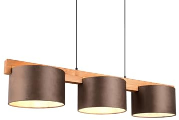 meineWunschleuchte Pendel-Leuchte mit Holz & Stoff, für Esszimmertisch, | Breite 100cm, E27, 3-flammig, Landhausstil Esstischlampe mit Holz-Balken und Stoff Samt Braun