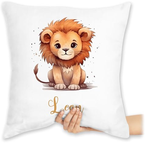 Kissen 40x40 Zierkissen - Süßer Löwe mit Name personalisiert I Löwen Geschenk I Zootiere I König der Tiere I LEU - 40 x 40 cm - Weiß - löwenmotiv Tier Leon kissenhülle kinderkissen Lion