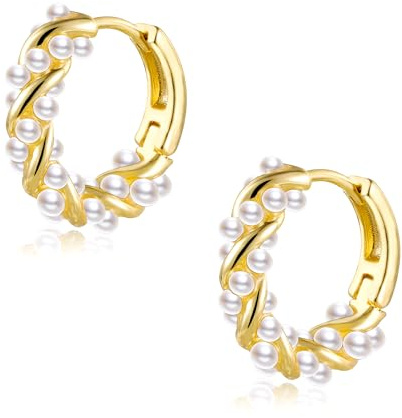 Small Pearl Hoop Earrings for Women, 14K Gold Plated Twisted Huggie Hoop Earrings with Tiny Pearls Hypoallergenic Jewelry 16mm