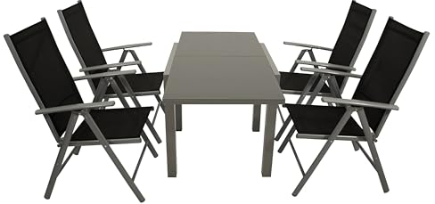 DEGAMO Balkongarnitur Marina 5-teilig, 4X Klappsessel aus Aluminium Silbergrau und Textilgewebe schwarz, 1x Ausziehtisch 70/140x70cm grau + Glasplatte dunkelgrau, Outdoor