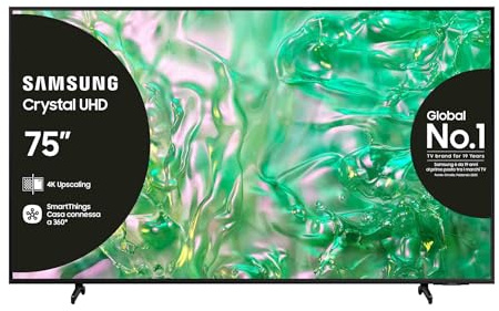 Samsung Smart TV 75 UE75DU8070UXZT, Crystal UHD 4K, 4K Upscaling, Airslim Design, DVBT-2, Q-Symphony & Adaptive Sound, Integrato con Bixby, comp con Alexa e Google Assistant, Black 2024