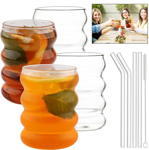 Mazzar Vasos Cafe, Cuatro Vasos Agua Con Cuatro Pajitas y Un Cepillo,350 ML de Vasos Cristal Hecha de Vidrio de Borosilicato Alto,Adecuado Para Leche, Té, Té Helado y Café Helado