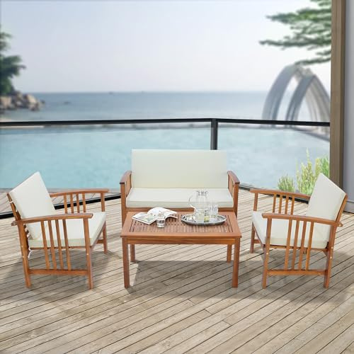 [en.casa] Gartenmöbelset Brissogne 4-TLG. Sitzgruppe mit Kissen Gartenlounge-Set aus Akazienholz 1x Tisch + 2X Stühle + 1x Sitzbank Holzfarben/Beige
