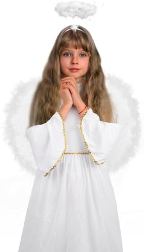 DERAYEE Engelskostüm Kinder, Engel Krippenkostüm Weihnachten Weißes Kleid Engelskostüm Engelsflügel und Halo Mädchen Engel Fancy Dress Kostüm