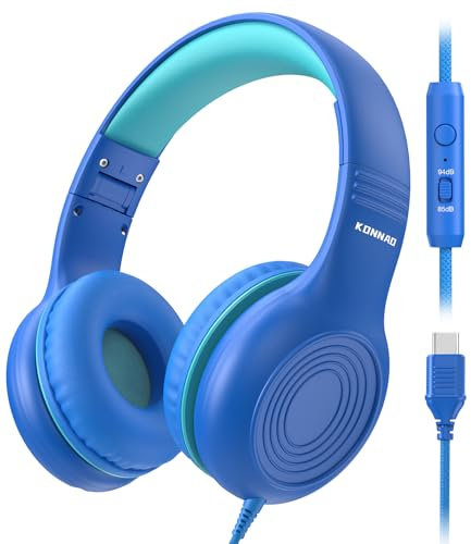 KONNAO Casque filaire USB de type C pour enfants avec microphone pour garçons et filles, volume limité de 85 dB/94 dB réglable (bleu marine/bleu)