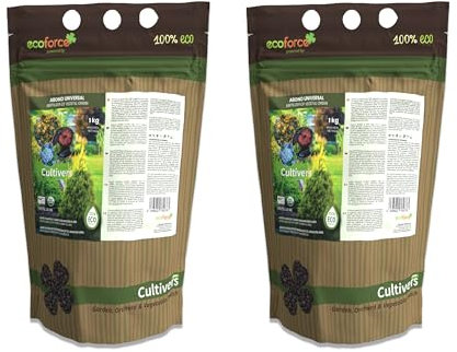 CULTIVERS Abono Universal Plantas Ecológico de 2x1 kg. Fertilizante granulado con NPK 8-1-5+74% M.O. y Ác. Húmicos. Liberación Lenta. Potencia el Crecimiento y estimula el Cultivo