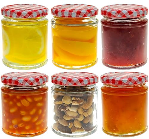 COS Glass Paneled Round Jam Jars + Red Gingham Lids: 190ml - Pack Of 24