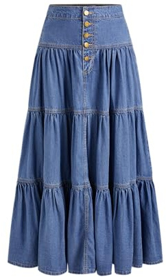 CIDER Women’s Long Jean Denim Tiered Button Down High Waisted Maxi Skirts: Mid Blue, XL