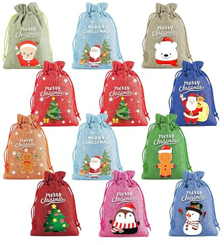 Weihnachtsbeutel mit Kordelzug, Jutebeutel mit Kordelzug | 12X weihnachtliche Sackleinen-Bonbonsäckchen,Leichte Leinenverpackungsbeutel mit Kordelzug, kleine Weihnachtsbeutel für Süßigkeiten