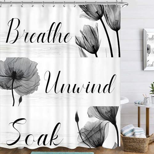 Famiffty Farmhouse Flower Shower Curtain 60Wx72L Inch Rustic Floral Pink Blush Rose Simplicity Sign Relax Breathe Unwind Soak Wood Bathroom Accessories Home Decor Waterproof Fabric 12 Hooks