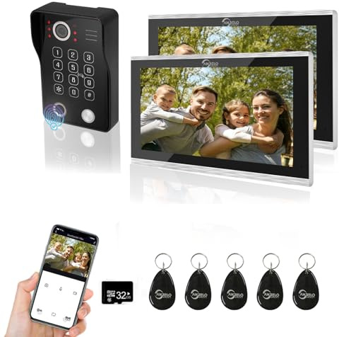 Connessione a 4 fili Videocitofono 2 pezzi, Touch Screen da 10” con cavo Sistema campanello 1080P, supporto impronte digitali, carta RFID, password, uso con TUYA APP, nero