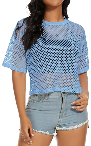 florynova Womens Fishnet Mesh Tops Summer See Through T Shirt Short Sleeve Sheer Blouse(Light Blue,S)