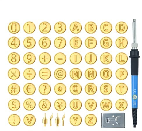 Holzverbrennungsset mit Buchstabenstempeln, Holzverbrennungswerkzeug mit Buchstaben,Schnitzset Alphabet 56-teilig Brennset - Heißstempel-Werkzeug, Symbole, Zahlen, Bastelwerkzeuge zum Holzbrennen