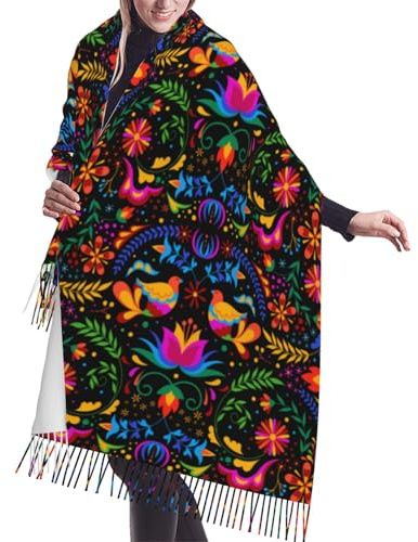 TZTTZT Chales de pashmina tradicional de flores mexicanas para mujer, bufanda grande para otoño e invierno, bufandas de moda