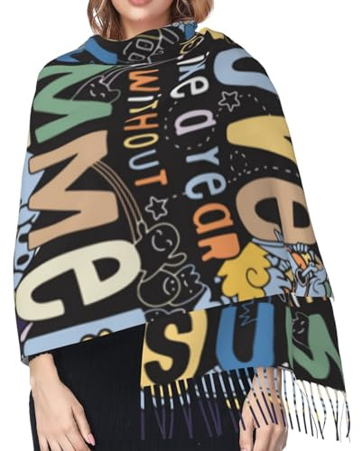 Hceaatb Damen-Schal, niedliches Monster-Cartoon-Design, Winter, warm, Kaschmir, Fransenschal, Schwarz , Einheitsgröße