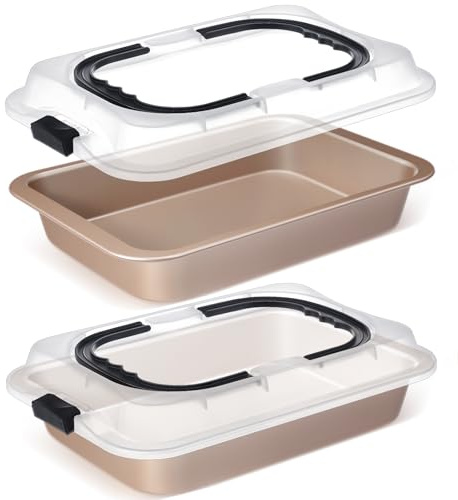 Qinyoung 2 Pcs Cake Baking Pan with Lid and Handle, 9 x 13 Inch Non-stick Rectangle Sheet Cake Pan Carrier for Brownie Roasting Cooking Baking (Gold)