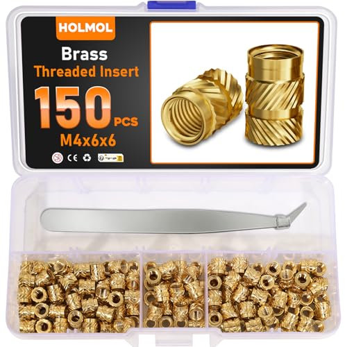 HOLMOL Set di 150 inserti filettati in ottone, filettatura M4 x 6 x 6 mm, per plastica, dadi zigrinati, per accessori di stampa 3D e progetti fai da te, inserti filettati con pinzette