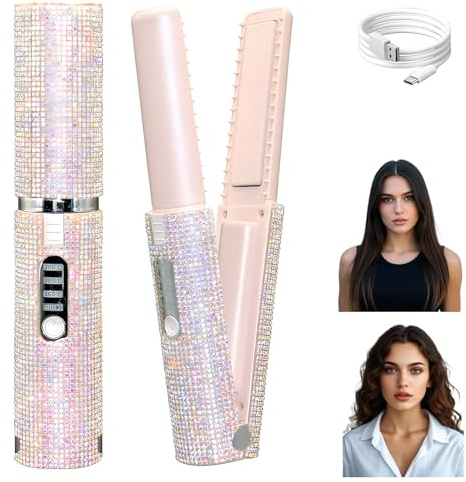 Plancha Y Rizador De Pelo Inalámbrico 2 En 1, Miniplancha Portátil Inalámbrica Para Cabello Corto, Fino Y Suave, Batería Recargable De 4800 Mah, Ideal Para Viajes De Mujer. (Pink)