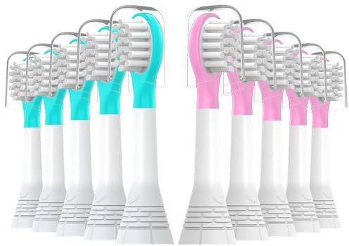 Feihead Set di 10 testine di ricambio per bambini, compatibili con Philips Sonicare Kids, spazzolino elettrico, testina morbida, per bambini dai 3 ai 7 anni, per ragazzi e ragazze, 5 blu + 5 rosa