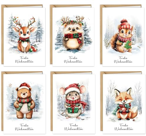 Weihnachtskarten mit Umschlag Set, 12 Stück Karte Weihnachten Klappkarten, Frohe Weihnachten Karte, Weihnachtskarte Lustig Christmas Cards Geschenkkarten mit Tiere