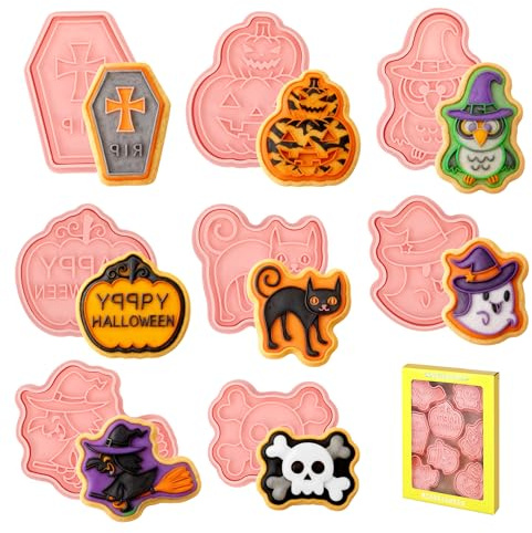 Moldes Galletas Halloween, 8 Piezas Cortadores de Galletas Niños, Plástico 3D Prensable DIY Moldes Interesantes Cookie Cutter para Decoración de Fiesta de Pastel, Fondant