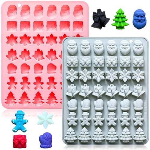 Christmas Silicone Moulds, 42 Pcs Christmas Chocolate Moulds, Santa Tree Soap Candy Chocolate Muffin Jelly Trays Baking Blue+Pink Molds for Xmas New Year Cake Decoration