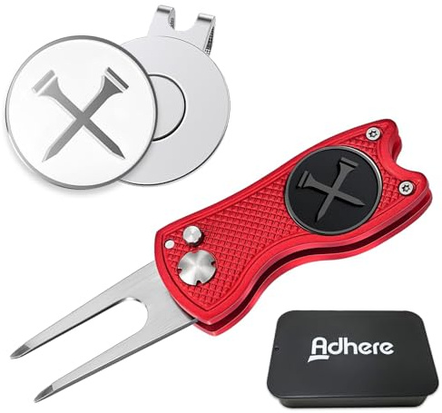 Adhere Golf-Pitchgabel und Golfball-Marker-Set mit starken magnetischen Hut-Clips, Premium-Golf-Geschenkpackung (rot)