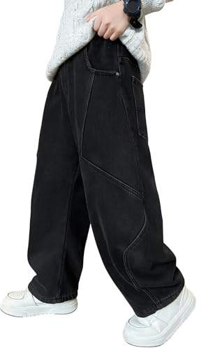 Happy Cherry Jeans Cargo Bambino Ragazzi Pantaloni Larghi Denim Cotone Comodi Primavera Autunno Loose Fit Pants Nero con Tasche Multiple 11-12 Anni