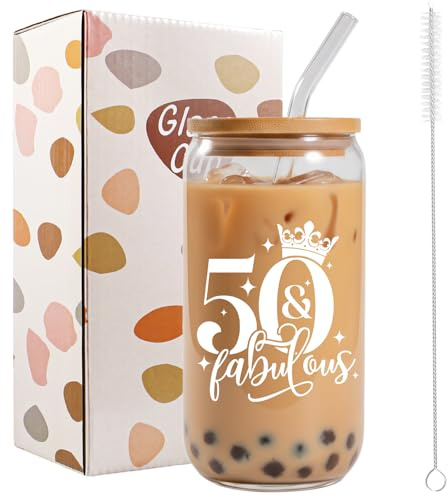 Bliceon 50th Birthday Gifts for Women, 50th Birthday Iced Coffee Cup, 16oz Glass Cups with Lids and Straws for Best Friend Female Smoothie Cup, Girlfriend, Wife, Personalized Glass Travel Mug