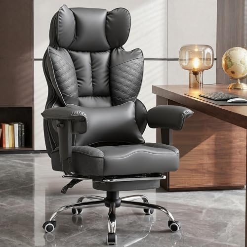 GTPOFFICE Big and Tall Office Chair 400LBS Wide Seat Computer Gaming Chair with Footrest & Comfy Lumbar Support, Leather High Back Executive Chair with Ergonomic Pressure Relief Seat Cushion, Gray