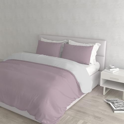 Set Copripiumino 100% Cotone Natural Color, Made in Italy - Parure Copri Piumino - Sacco Piumone 250x200 cm con Doppia Patella e Federe Cuscino, Matrimoniale, Rosa Antico/Grigio Chiaro