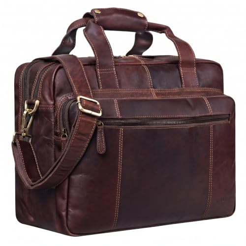 STILORD Experience XL Aktentasche Leder Herren 15,6 Zoll Laptoptasche Business Lehrertasche Große Umhängetasche Arbeitstasche Bürotasche mit Trolleyschlaufe Echtleder Farbe:Cognac - Dunkelbraun