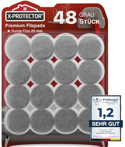 X-Protector Filzgleiter 48 Stück 25 mm - Prämie Möbelgleiter Grau - Dicker Filz Selbstklebend - Bodenschoner für Stühle - Große Menge an Filzgleiter Selbstklebend - Schützen Sie Ihre Holzfußböden!