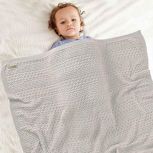 Strickdecke Babydecke Kuscheldecke Baumwolle, Surwin Mädchen und Jungen Babys Einfarbig Gestrickt Kinderdecke Freien Krabbeldecke Perfekt für Kinderwagen Babybett (Grau,100x80cm)