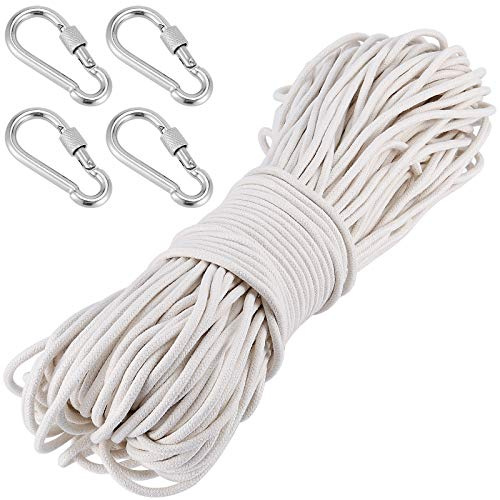 ZEONHAK 1/4 Inch x 328 Feet Natural Cotton Rope – White Braided Clothesline, DIY Craft Cord with 4 Carabiners for Home Decor, Camping, Plant Hangers, Candle Wicks