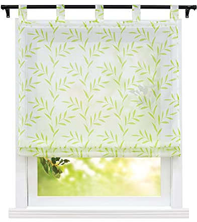 ESLIR Raffrollo mit Schlaufen Gardinen Küche Voile Raffgardinen Transparent Schlaufenrollo Modern Vorhänge mit Blätter-Motiv Grün BxH 80x140cm 1 Stück