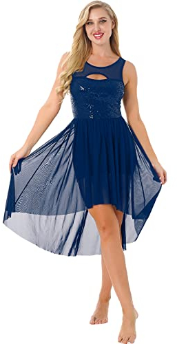 dPois Damen Tanzkleid Ballettkleid Leotard Einteiler mit Asymmetrisches Mesh Rock Glitzernde Tanzkleidung Ärmellos für Training Auftritt Navy Blau_A X-Large